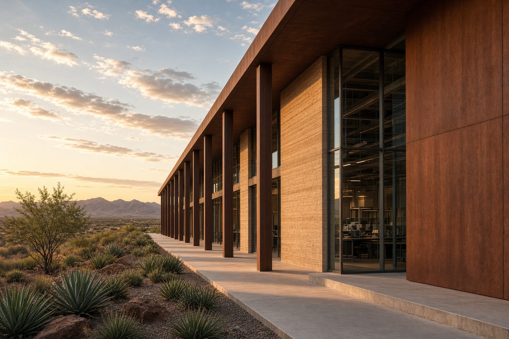 A colonnade of corten and glass in late Arizona light